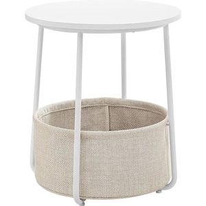 Bijzettafel - Bijzettafels - Bijzettafel rond - Kleine bijzettafel - Nachtkastje - Met mand - 4.1 kg - MDF - Staal - Wit - Beige - 47 x 45 x 50 cm