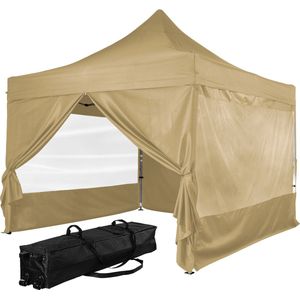 Easy up partytent - Partytent - Paviljoen - Partytent opvouwbaar - Partytent 3x3 - Partytent met zijwanden - Inclusief trolley - Waterdicht - Roestbestendig - UV 50+ bescherming - Met ramen - 17,8 kg - Aluminium - Champagne - 300 x 300 cm