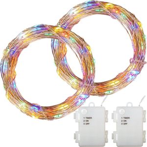 Kerstverlichting - Sfeerverlichting - Kerstverlichting Buiten - Kerstverlichting Binnen - Kerstversiering - Feestverlichting - Lichtsnoer - Lichtsnoer Buiten - Set van 2 Stuks - Op Batterij - Voor Binnen en Buiten - 10 m - Veelkleurig