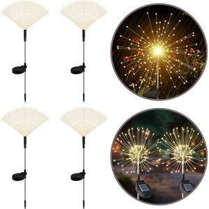 Buitenverlichting Kerst - Kerstverlichting vuurwerk - Firework LED lights - Solar sfeerverlichting - Op zonne energie - Waterdicht - Inclusief afstandsbediening - Set van 4 stuks - Warm wit