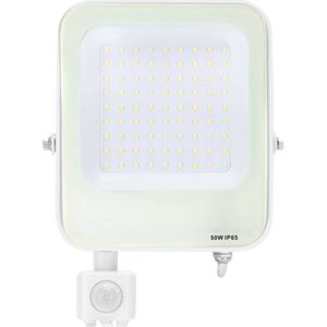 LED Bouwlamp met Bewegingssensor - LED Schijnwerper - Aigi Rekan - 50 Watt - Helder/Koud Wit 6500K - Waterdicht IP65 - Rechthoek - Mat Wit - Aluminium