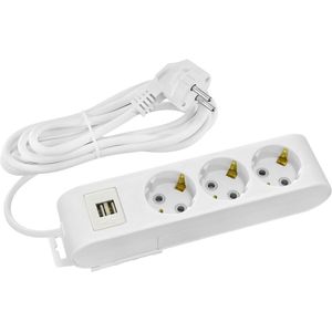 BESLED Stekkerdoos met USB - 3 Meter - 3 Stopcontacten; 2x USB - Randaarde en Overspanningsbeveiliging - Max. 3680W Belastbaar; 16A - Kinderbeveiliging - CE Gekeurd - Decon - Wit