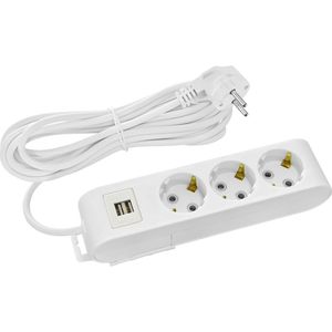 BESLED Stekkerdoos met USB - 5 Meter - 3 Stopcontacten; 2x USB - Randaarde en Overspanningsbeveiliging - Max. 3680W Belastbaar; 16A - Kinderbeveiliging - CE Gekeurd - Decon - Wit