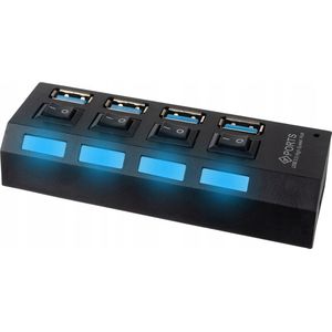 USB Hub - High Speed 4 Ports 3.0 - Multi Oplaadadapter - Aan/Uit Knop - LED Verlichting - Zwart