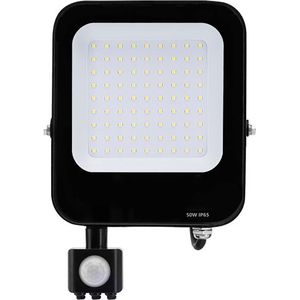 LED Bouwlamp met Bewegingssensor - LED Schijnwerper - Igia Rekan - 50 Watt - Helder/Koud Wit 6500K - Waterdicht IP65 - Rechthoek - Mat Zwart - Aluminium