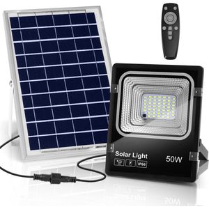 LED Floodlight op Zonne-energie - LED Schijnwerper - Igia Solina - LED Solar Tuinverlichting Wandlamp - Afstandsbediening - Waterdicht IP66 - 50W - Helder/Koud Wit 6500K