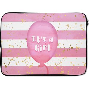 Laptophoes 14 inch - Tekst - Gender reveal - Roze - Goud - Quote - It's a Girl - Meisje - Zwanger - Geboorte - Spreuken - Laptop sleeve - Binnenmaat 34x23,5 cm - Zwarte achterkant