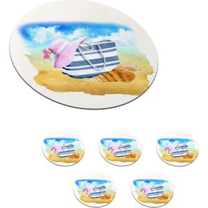 Onderzetters voor glazen - Rond - Strandtas - Hoed - Schelp - Strand - 10x10 cm - Glasonderzetters - 6 stuks