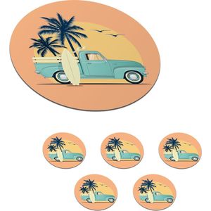 Onderzetters voor glazen - Rond - Auto - Surfboard - Palmboom - Pastel - 10x10 cm - Glasonderzetters - 6 stuks