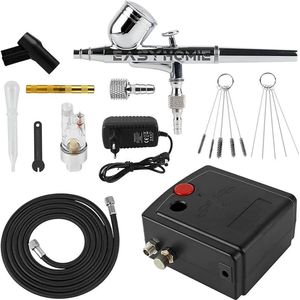 Airbrush Set Met Compressor Compleet - Roestvrij Staal - Luchtcompressor - Mini luchtfilter - Voeding - 1.8 m luchtslang - Airbrushhouder - Reinigingskit (5 x borstel; 1 x Gouden airbrush naaldgereedschap; 5 x airbrush reinigingsnaalden) - Druppelaar