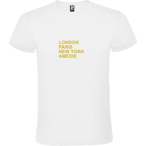 Wit T-Shirt met “ LONDON, PARIS, NEW YORK, AMEIDE “ Afbeelding Goud Size XS