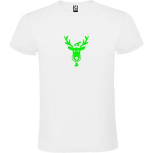 Wit T-Shirt met “ Kerst Eland / Rendier “ Afbeelding Neon Groen Size XS