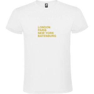 Wit T-Shirt met “ LONDON, PARIS, NEW YORK, BATENBURG “ Afbeelding Goud Size XS