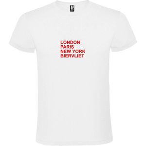 Wit T-Shirt met “ LONDON, PARIS, NEW YORK, BIERVLIET “ Afbeelding Rood Size XXXXXL