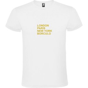 Wit T-Shirt met “ LONDON, PARIS, NEW YORK, BORCULO “ Afbeelding Goud Size XXXXL