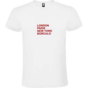 Wit T-Shirt met “ LONDON, PARIS, NEW YORK, BORCULO “ Afbeelding Rood Size S