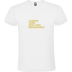 Wit T-Shirt met “ LONDON, PARIS, NEW YORK, BRONKHORST “ Afbeelding Goud Size XXXXXL