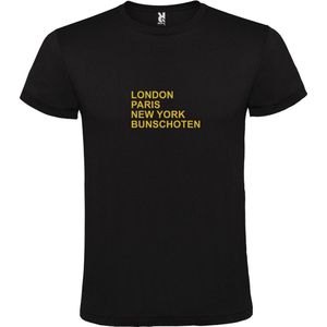 Zwart T-Shirt met “ LONDON, PARIS, NEW YORK, BUNSCHOTEN “ Afbeelding Goud Size M