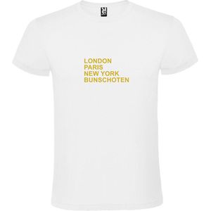 Wit T-Shirt met “ LONDON, PARIS, NEW YORK, BUNSCHOTEN “ Afbeelding Goud Size XXL