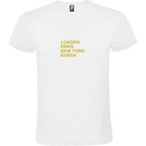 Wit T-Shirt met “ LONDON, PARIS, NEW YORK, BUREN “ Afbeelding Goud Size M