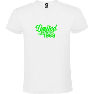 Wit T-Shirt met “ Limited edition sinds 1969 “ Afbeelding Neon Groen Size XS
