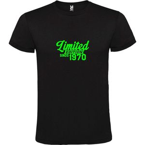 Zwart T-Shirt met “ Limited edition sinds 1970 “ Afbeelding Neon Groen Size XS