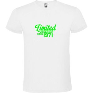 Wit T-Shirt met “ Limited edition sinds 1971 “ Afbeelding Neon Groen Size XS