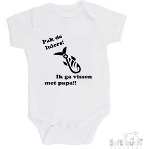 Soft Touch Romper ""Pak de luiers! Ik ga vissen met papa!"" Unisex Katoen Wit/zwart Maat 50/56
