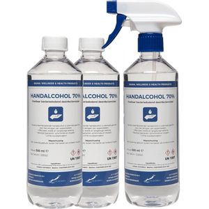 Handalcohol 70% - 500 ml met spraykop + 2x 500 ml met dop