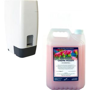 Zeepdispenser 1 liter kunststof hervulbaar + 5 liter jerrycan handzeep Crème rozen