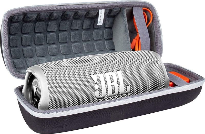 Hard Travel beschermhoes etui geschikt voor JBL Charge 4 / JBL Charge 5 draagbare Bluetooth luidspreker (zwarte hoes/binnenkant grijs, witte ritssluiting) Alleen de beschermhoes