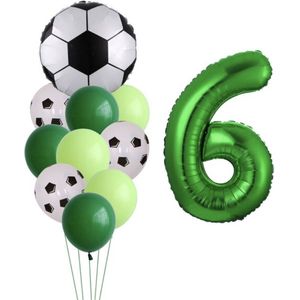 Ballonnen Voetbal - 6 Jaar - Themafeest Voetbal - Kinder Verjaardag Versiering Voetbal - Voetbalfans - Feestversiering / Feestpakket - 11 stuks - Ballonnen Set - Thema Verjaardag Voetbal - Groene / Witte ballon - Helium ballon - Happy Birthday