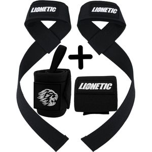 Lionetic Wrist Wraps + Lifting Straps Bundel - Voor Powerlifting, Crossfit en Fitness - Black (2 Pairs)