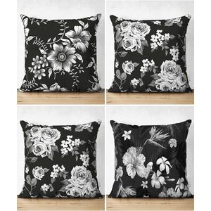 Sierkussens set van 4 stuks - INCLUSIEF BINNENKUSSENS 45x45 cm - bloemen - zwart - wit - grijs - dubbelzijdig bedrukt - kussensloop - kussens woonkamer - kussenhoes