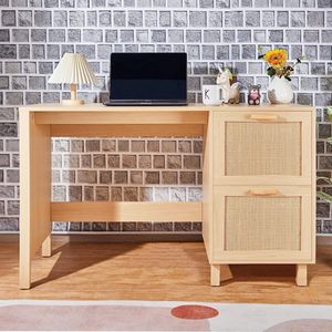 Bureau Met 2 Lades - Gevlochten Rotan - Eiken Look - MDF - 120 x 48 x 75 cm