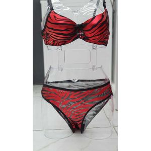 Lingerie set 2-delig- Push up Beha set- Voorgevormde Beugel lingerie Set- Bikini (Doorzichtige Sexy Slip) Rood Zebraprint- Maat 70B