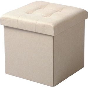 Polaza®️ Poef Met Opbergruimte - Opbergpoef Met Deksel - Opslag - Organizer - Kruk - Opbergbox - 40L Inhoud - 37.5x37.5x38cm - Cream Linnen