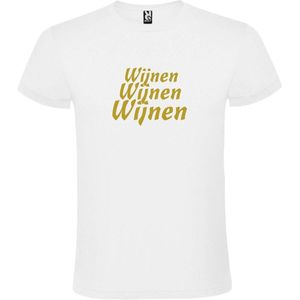 Wit  T shirt met  print van ""Wijnen Wijnen Wijnen "" print Goud size M