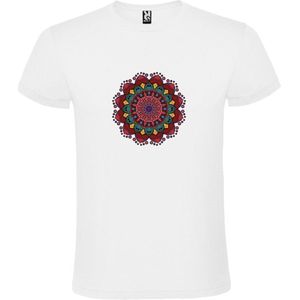 Wit T-shirt met Grote Mandala in Groen en Donker Roze kleuren size XS