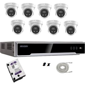 Hikvision set zwart met 8 x DS-2CD2346G2-I 4mp 2.8mm Ultra Low Light turretcamera’s, 1 x 8 kanaals DS-7608NI-K2/8P recorder, 1 x HD van 2 TB