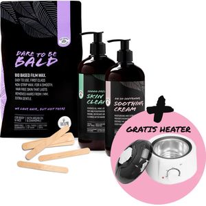 WXLab ontharingswax pakket BALD, Wax-Kit met gratis wax heater t.w.v. €29,50 (zwart), 800gr Bio based Film wax korrels, huidreiniger, Soothing Cream en houten wax spatels