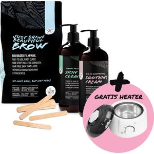 WXLab ontharingswax pakket, Wax-Kit BROW met GRATIS wax heater t.w.v. €29,50 (zwart), 800gr Bio based Film wax korrels, huidreiniger, Soothing Cream en 100 houten wax spatels