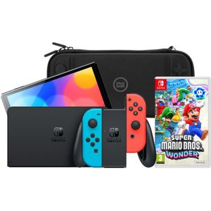 Nintendo Switch OLED Blauw/Rood + Super Mario Bros. Wonder + BlueBuilt Beschermhoes