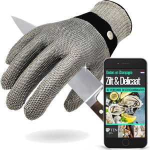TEN® - RVS Oesterhandschoen met Binnenhandschoen + Recepten eBook - Slagershandschoen - Snijbestendige Vlees Handschoenen - Oester Vis Seafood (Maat xl)