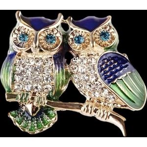 Broche Uil Strass Blauw/Groen ( Goudkleurig) 2.8 x 3.2 cm