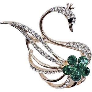 Broche Zwaan Strass met Groene bloem ( Goudkleurig)4.5 x 5.2 cm