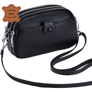 Leerella Exclusieve Dames Tas van Echt Leer Zwart - Stijlvol en Functioneel - 4 Vakken - Crossbody- en Schoudertas - 9 Kleuropties - Perfect Cadeau voor Moederdag, Verjaardag en Valentijnsdag