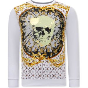 Heren Sweater met Print - Skull Strass - 3796 - Wit