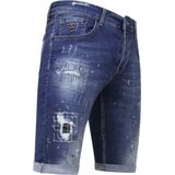 Heren Korte Jeans met Verfspatten Stretch -1035-SH- Blauw
