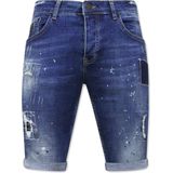 Heren Korte Jeans met Verfspatten Stretch -1035-SH- Blauw